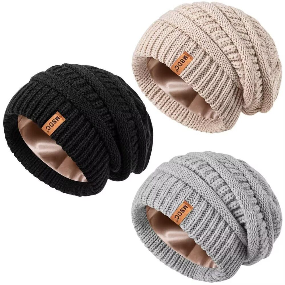 5544 3 Pack Satin Lined Beanie  Warm Slouchy Winter Hats with Silk Lined